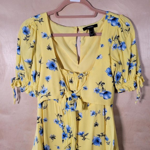 Forever 21 Yellow Floral Front Tie Short Sleeve Mini Dress Women Size S - Picture 7 of 10